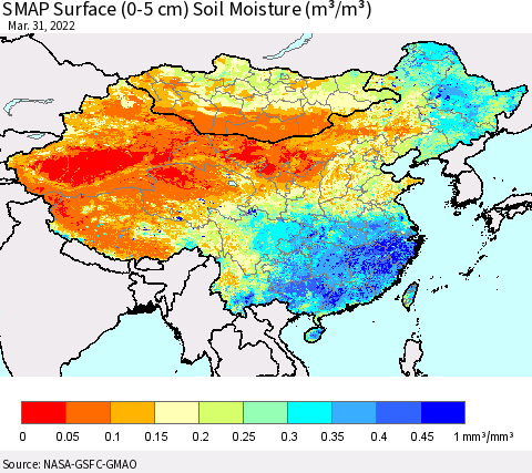 China, Mongolia and Taiwan SMAP Surface (0-5 cm) Soil Moisture (m³/m³) Thematic Map For 3/26/2022 - 3/31/2022