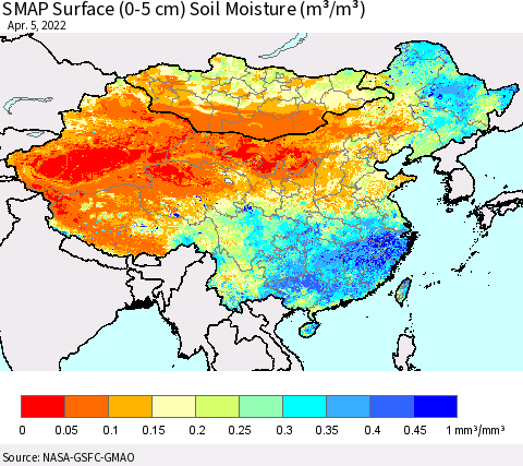 China, Mongolia and Taiwan SMAP Surface (0-5 cm) Soil Moisture (m³/m³) Thematic Map For 4/1/2022 - 4/5/2022