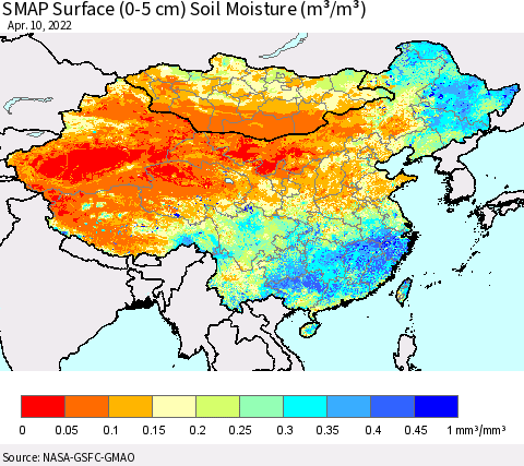 China, Mongolia and Taiwan SMAP Surface (0-5 cm) Soil Moisture (m³/m³) Thematic Map For 4/6/2022 - 4/10/2022