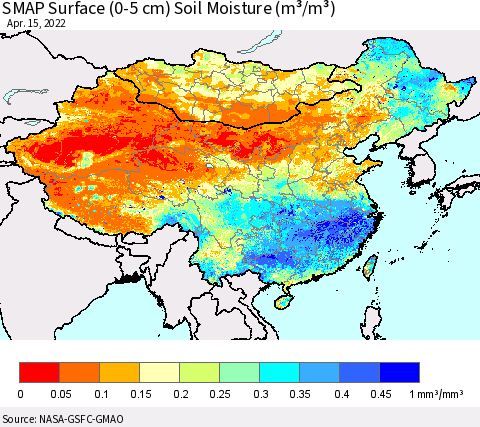 China, Mongolia and Taiwan SMAP Surface (0-5 cm) Soil Moisture (m³/m³) Thematic Map For 4/11/2022 - 4/15/2022