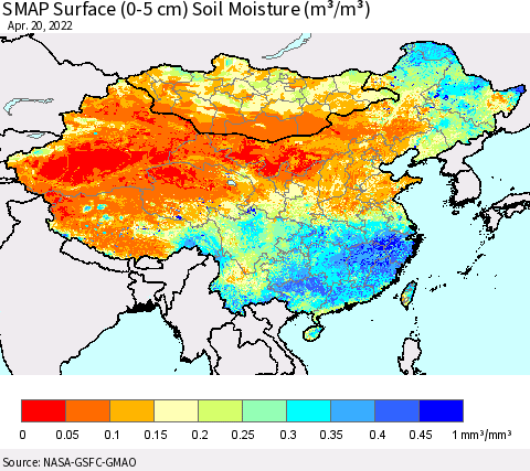 China, Mongolia and Taiwan SMAP Surface (0-5 cm) Soil Moisture (m³/m³) Thematic Map For 4/16/2022 - 4/20/2022