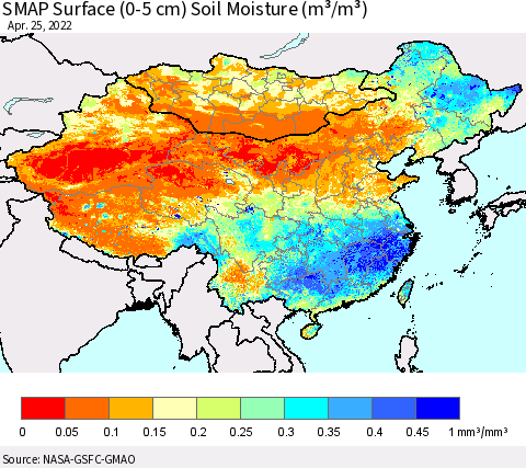 China, Mongolia and Taiwan SMAP Surface (0-5 cm) Soil Moisture (m³/m³) Thematic Map For 4/21/2022 - 4/25/2022