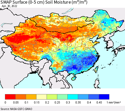 China, Mongolia and Taiwan SMAP Surface (0-5 cm) Soil Moisture (m³/m³) Thematic Map For 4/26/2022 - 4/30/2022