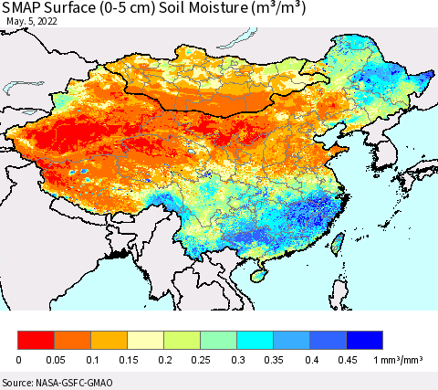China, Mongolia and Taiwan SMAP Surface (0-5 cm) Soil Moisture (m³/m³) Thematic Map For 5/1/2022 - 5/5/2022