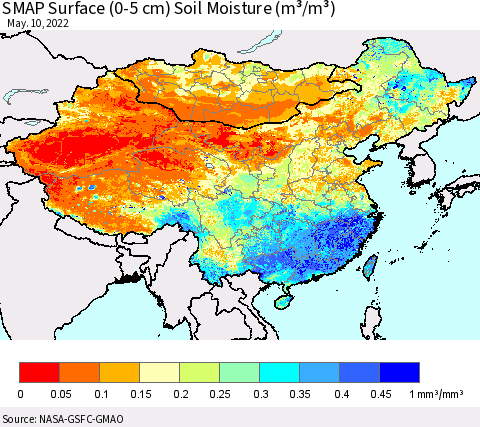 China, Mongolia and Taiwan SMAP Surface (0-5 cm) Soil Moisture (m³/m³) Thematic Map For 5/6/2022 - 5/10/2022
