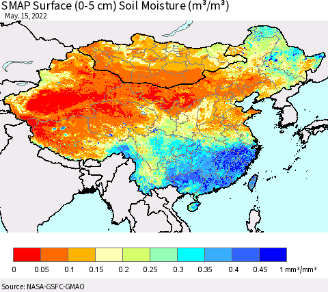 China, Mongolia and Taiwan SMAP Surface (0-5 cm) Soil Moisture (m³/m³) Thematic Map For 5/11/2022 - 5/15/2022