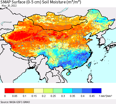 China, Mongolia and Taiwan SMAP Surface (0-5 cm) Soil Moisture (m³/m³) Thematic Map For 5/16/2022 - 5/20/2022