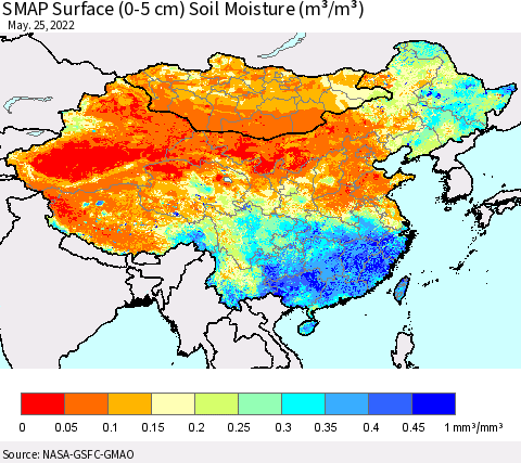 China, Mongolia and Taiwan SMAP Surface (0-5 cm) Soil Moisture (m³/m³) Thematic Map For 5/21/2022 - 5/25/2022