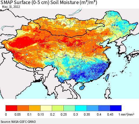 China, Mongolia and Taiwan SMAP Surface (0-5 cm) Soil Moisture (m³/m³) Thematic Map For 5/26/2022 - 5/31/2022