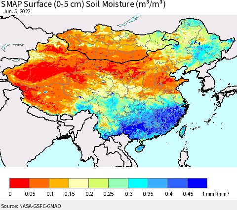 China, Mongolia and Taiwan SMAP Surface (0-5 cm) Soil Moisture (m³/m³) Thematic Map For 6/1/2022 - 6/5/2022
