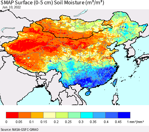 China, Mongolia and Taiwan SMAP Surface (0-5 cm) Soil Moisture (m³/m³) Thematic Map For 6/6/2022 - 6/10/2022