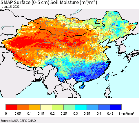 China, Mongolia and Taiwan SMAP Surface (0-5 cm) Soil Moisture (m³/m³) Thematic Map For 6/11/2022 - 6/15/2022