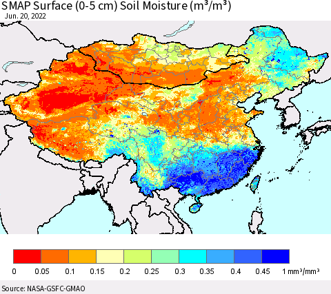 China, Mongolia and Taiwan SMAP Surface (0-5 cm) Soil Moisture (m³/m³) Thematic Map For 6/16/2022 - 6/20/2022