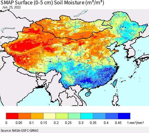 China, Mongolia and Taiwan SMAP Surface (0-5 cm) Soil Moisture (m³/m³) Thematic Map For 6/21/2022 - 6/25/2022