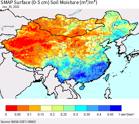 China, Mongolia and Taiwan SMAP Surface (0-5 cm) Soil Moisture (m³/m³) Thematic Map For 6/26/2022 - 6/30/2022
