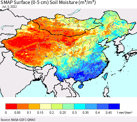 China, Mongolia and Taiwan SMAP Surface (0-5 cm) Soil Moisture (m³/m³) Thematic Map For 7/1/2022 - 7/5/2022