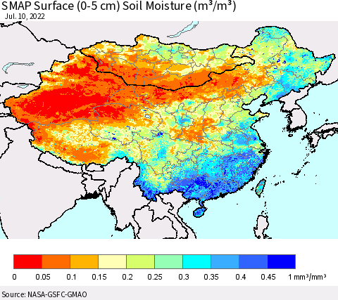 China, Mongolia and Taiwan SMAP Surface (0-5 cm) Soil Moisture (m³/m³) Thematic Map For 7/6/2022 - 7/10/2022