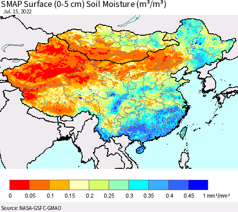 China, Mongolia and Taiwan SMAP Surface (0-5 cm) Soil Moisture (m³/m³) Thematic Map For 7/11/2022 - 7/15/2022