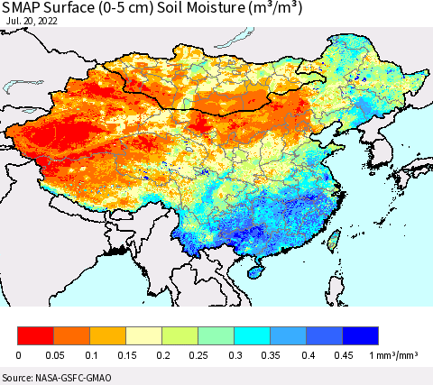 China, Mongolia and Taiwan SMAP Surface (0-5 cm) Soil Moisture (m³/m³) Thematic Map For 7/16/2022 - 7/20/2022