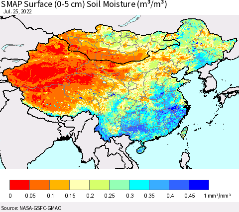 China, Mongolia and Taiwan SMAP Surface (0-5 cm) Soil Moisture (m³/m³) Thematic Map For 7/21/2022 - 7/25/2022