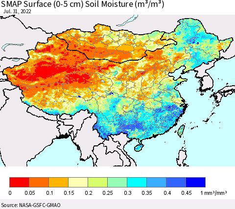 China, Mongolia and Taiwan SMAP Surface (0-5 cm) Soil Moisture (m³/m³) Thematic Map For 7/26/2022 - 7/31/2022