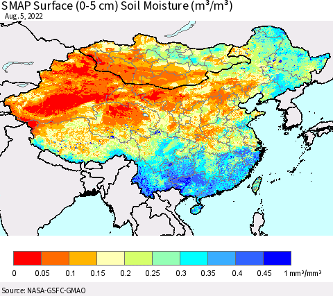 China, Mongolia and Taiwan SMAP Surface (0-5 cm) Soil Moisture (m³/m³) Thematic Map For 8/1/2022 - 8/5/2022
