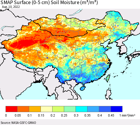 China, Mongolia and Taiwan SMAP Surface (0-5 cm) Soil Moisture (m³/m³) Thematic Map For 8/6/2022 - 8/10/2022