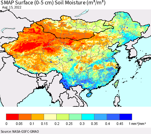 China, Mongolia and Taiwan SMAP Surface (0-5 cm) Soil Moisture (m³/m³) Thematic Map For 8/11/2022 - 8/15/2022
