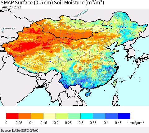 China, Mongolia and Taiwan SMAP Surface (0-5 cm) Soil Moisture (m³/m³) Thematic Map For 8/16/2022 - 8/20/2022
