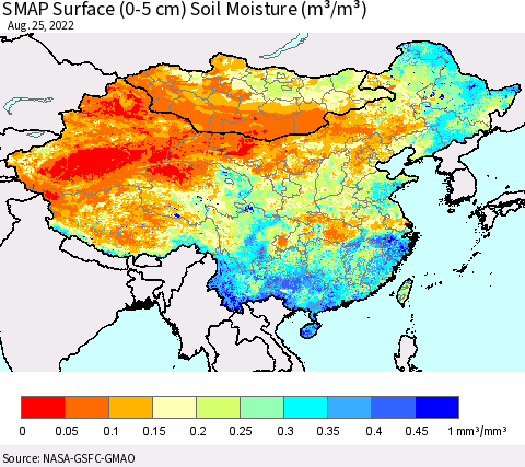 China, Mongolia and Taiwan SMAP Surface (0-5 cm) Soil Moisture (m³/m³) Thematic Map For 8/21/2022 - 8/25/2022