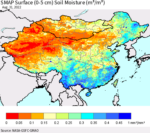 China, Mongolia and Taiwan SMAP Surface (0-5 cm) Soil Moisture (m³/m³) Thematic Map For 8/26/2022 - 8/31/2022