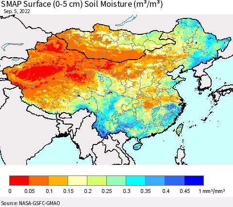 China, Mongolia and Taiwan SMAP Surface (0-5 cm) Soil Moisture (m³/m³) Thematic Map For 9/1/2022 - 9/5/2022