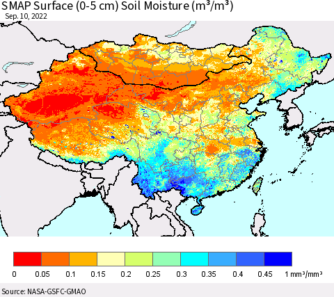 China, Mongolia and Taiwan SMAP Surface (0-5 cm) Soil Moisture (m³/m³) Thematic Map For 9/6/2022 - 9/10/2022