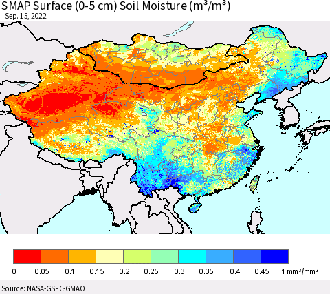 China, Mongolia and Taiwan SMAP Surface (0-5 cm) Soil Moisture (m³/m³) Thematic Map For 9/11/2022 - 9/15/2022