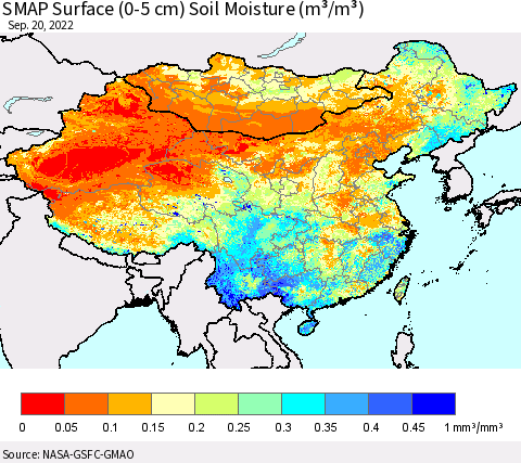 China, Mongolia and Taiwan SMAP Surface (0-5 cm) Soil Moisture (m³/m³) Thematic Map For 9/16/2022 - 9/20/2022