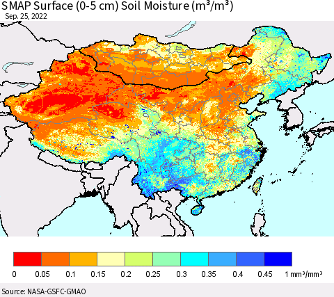 China, Mongolia and Taiwan SMAP Surface (0-5 cm) Soil Moisture (m³/m³) Thematic Map For 9/21/2022 - 9/25/2022