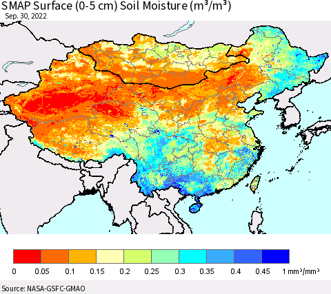 China, Mongolia and Taiwan SMAP Surface (0-5 cm) Soil Moisture (m³/m³) Thematic Map For 9/26/2022 - 9/30/2022
