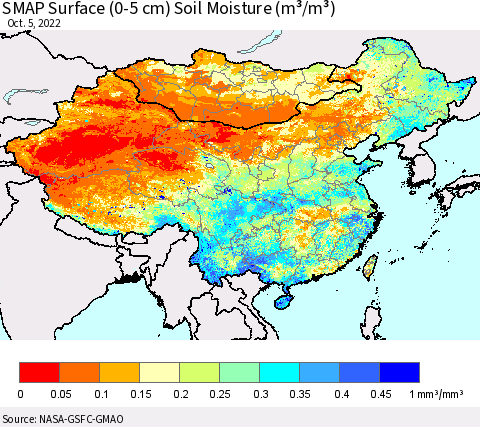 China, Mongolia and Taiwan SMAP Surface (0-5 cm) Soil Moisture (m³/m³) Thematic Map For 10/1/2022 - 10/5/2022