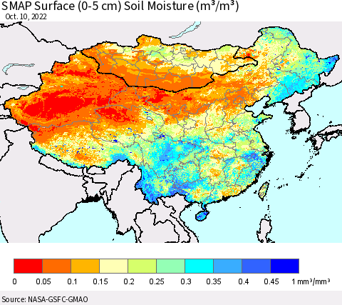 China, Mongolia and Taiwan SMAP Surface (0-5 cm) Soil Moisture (m³/m³) Thematic Map For 10/6/2022 - 10/10/2022