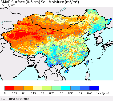 China, Mongolia and Taiwan SMAP Surface (0-5 cm) Soil Moisture (m³/m³) Thematic Map For 10/11/2022 - 10/15/2022