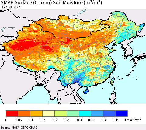 China, Mongolia and Taiwan SMAP Surface (0-5 cm) Soil Moisture (m³/m³) Thematic Map For 10/16/2022 - 10/20/2022