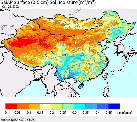 China, Mongolia and Taiwan SMAP Surface (0-5 cm) Soil Moisture (m³/m³) Thematic Map For 10/21/2022 - 10/25/2022