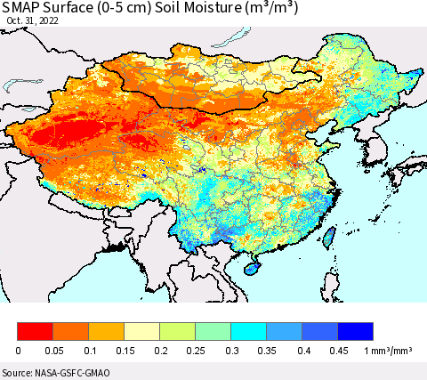China, Mongolia and Taiwan SMAP Surface (0-5 cm) Soil Moisture (m³/m³) Thematic Map For 10/26/2022 - 10/31/2022