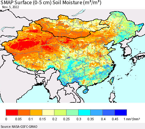 China, Mongolia and Taiwan SMAP Surface (0-5 cm) Soil Moisture (m³/m³) Thematic Map For 11/1/2022 - 11/5/2022