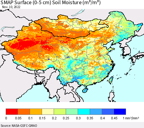 China, Mongolia and Taiwan SMAP Surface (0-5 cm) Soil Moisture (m³/m³) Thematic Map For 11/6/2022 - 11/10/2022