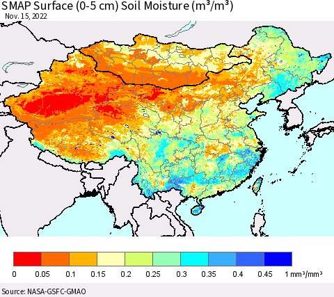 China, Mongolia and Taiwan SMAP Surface (0-5 cm) Soil Moisture (m³/m³) Thematic Map For 11/11/2022 - 11/15/2022