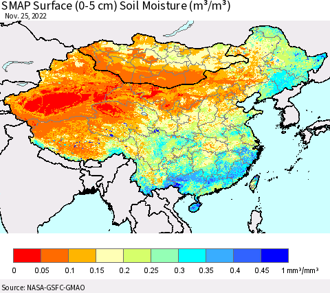 China, Mongolia and Taiwan SMAP Surface (0-5 cm) Soil Moisture (m³/m³) Thematic Map For 11/21/2022 - 11/25/2022
