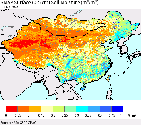 China, Mongolia and Taiwan SMAP Surface (0-5 cm) Soil Moisture (m³/m³) Thematic Map For 1/1/2023 - 1/5/2023