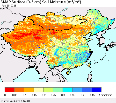 China, Mongolia and Taiwan SMAP Surface (0-5 cm) Soil Moisture (m³/m³) Thematic Map For 2/11/2023 - 2/15/2023