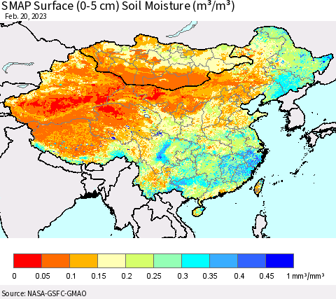 China, Mongolia and Taiwan SMAP Surface (0-5 cm) Soil Moisture (m³/m³) Thematic Map For 2/16/2023 - 2/20/2023